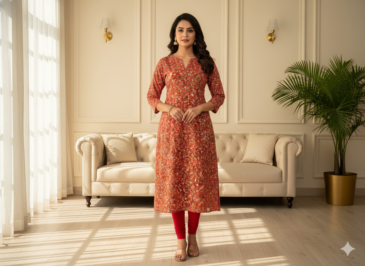 Orange  Floral Digitally Printed Butter Crepe Fabric
