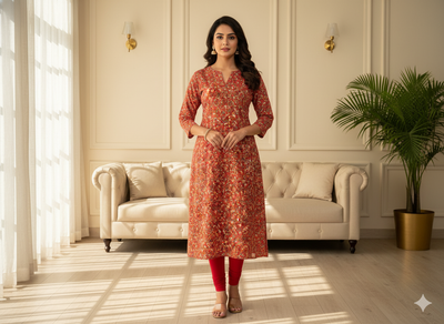 Orange  Floral Digitally Printed Butter Crepe Fabric