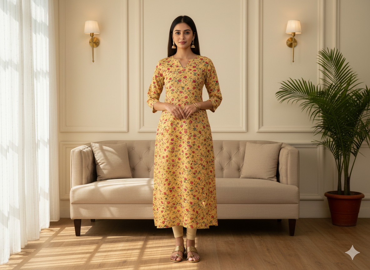 Light Beige Floral Digitally Printed Butter Crepe Fabric