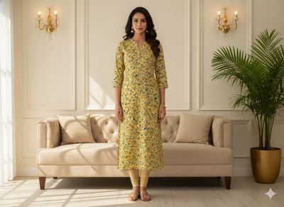 Light Yellow Floral Digitally Printed Butter Crepe Fabric