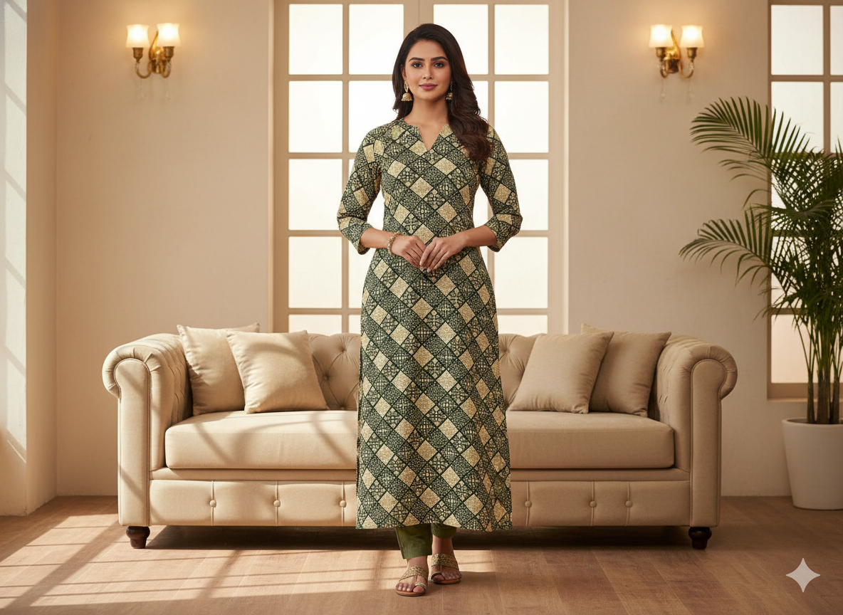 Dark Green Diamond Digitally Printed Butter Crepe Fabric