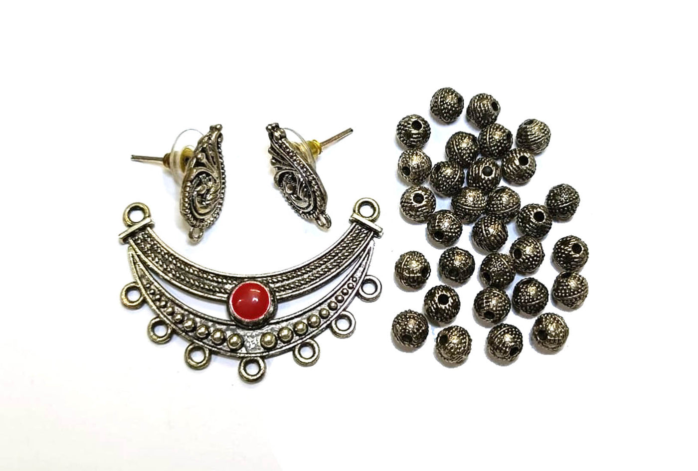 Silver Oxidized Metal Pendant, Studs & Beads Combo