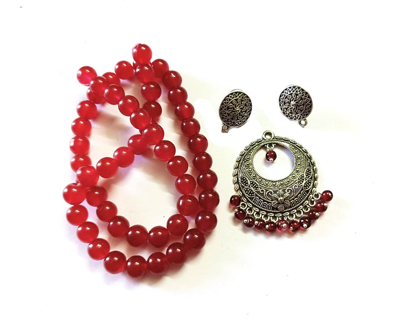 Red & Silver Pendant, Studs & Beads Combo