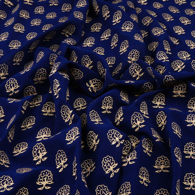 Midnight Blue & Golden Motifs Faux Georgette Fabric