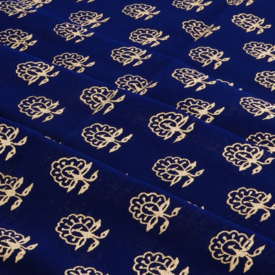 Midnight Blue & Golden Motifs Faux Georgette Fabric