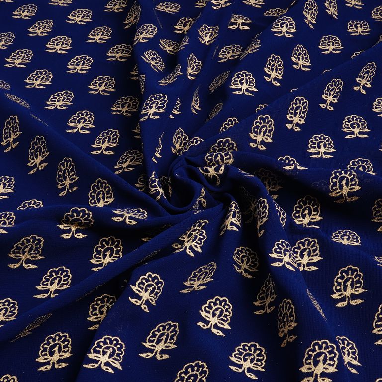 Midnight Blue & Golden Motifs Faux Georgette Fabric