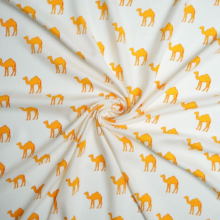 White & Yellow Quirky Printed Cotton Rayon Fabric