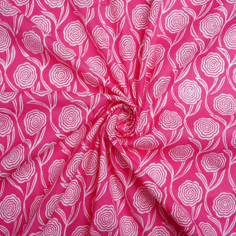 Pink & White Floral Printed Pure Cotton Fabric