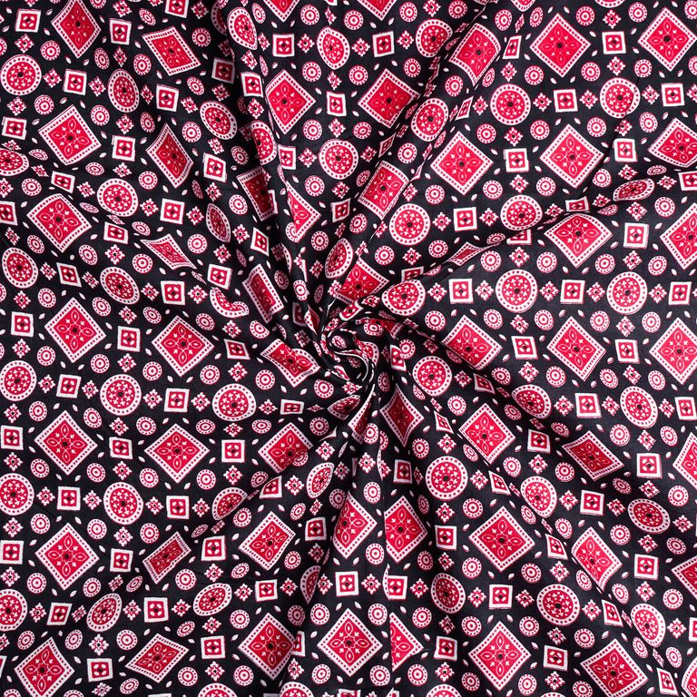 Black & Red Geometric Printed Pure Cotton Fabric