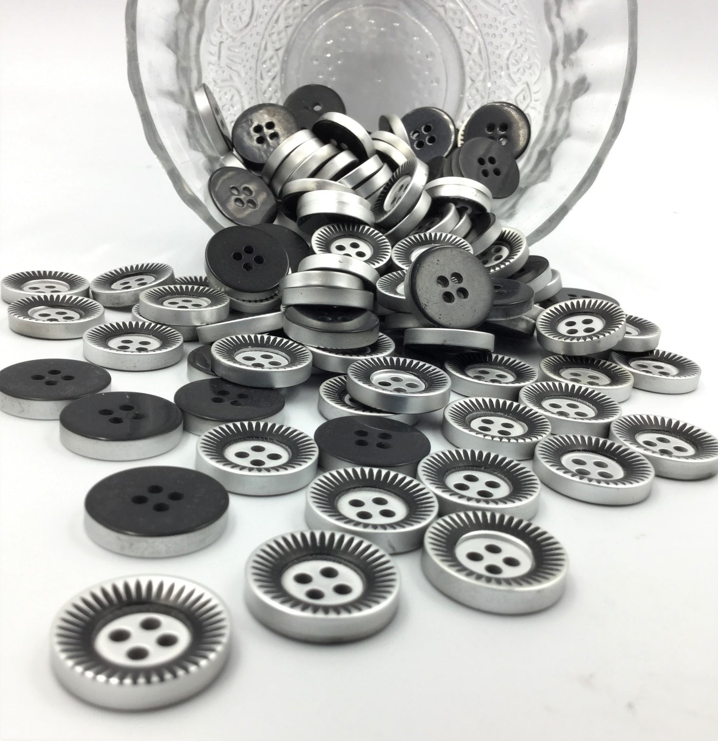 Black & Silver Round Four Hole Plastic Buttons (Wholesale)