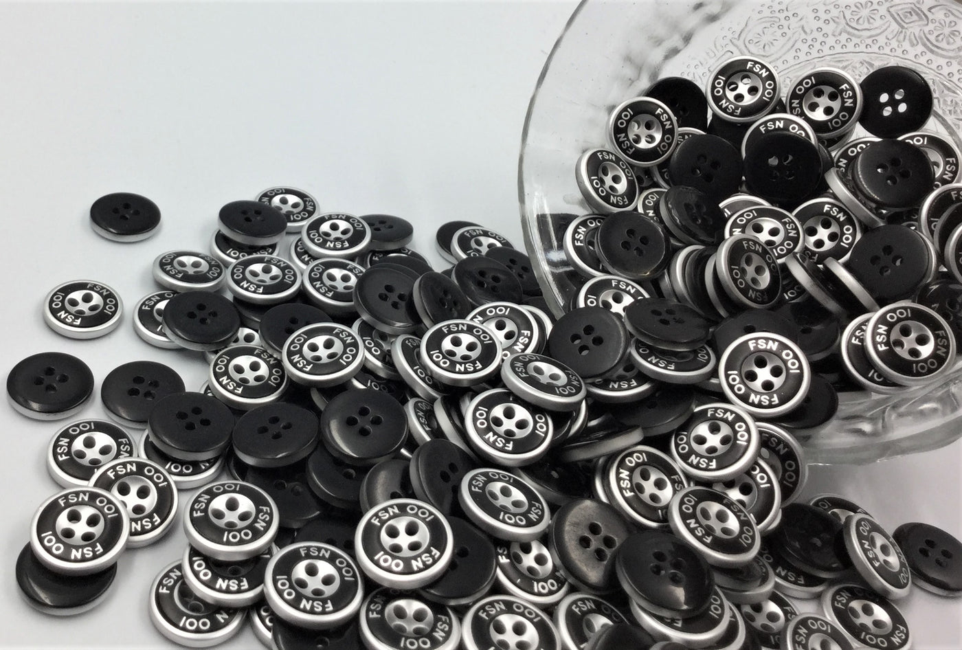 Black & Silver Round Four Hole Plastic Buttons (Wholesale)