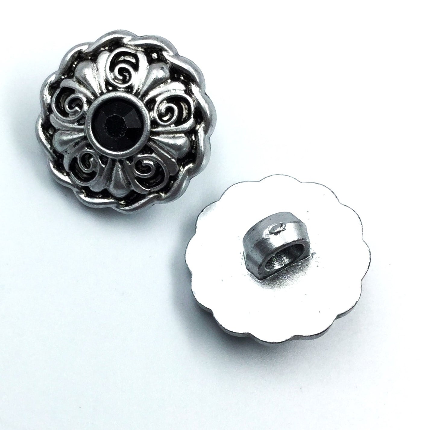 Black & Silver Flower Shape Down Hole Polyester Buttons (Wholesale)