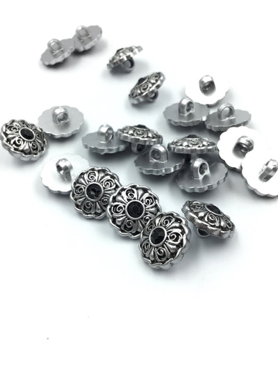 Black & Silver Flower Shape Down Hole Polyester Buttons (Wholesale)