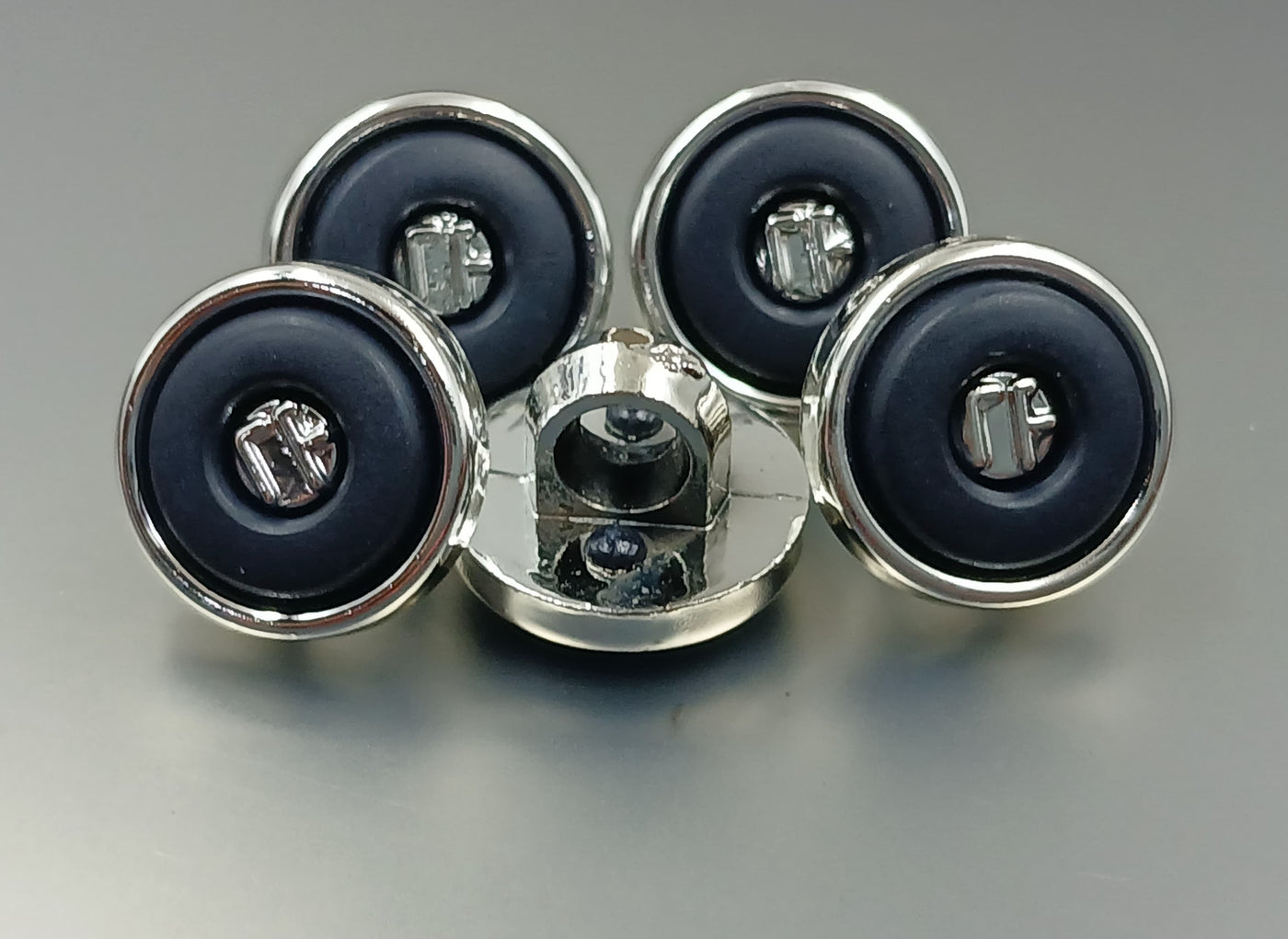 Navy Blue & Silver Circular 18L Down Hole Polyester Buttons