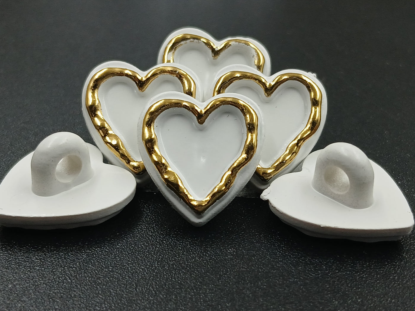 White & Golden Heart  Down Hole Polyester Buttons 24L