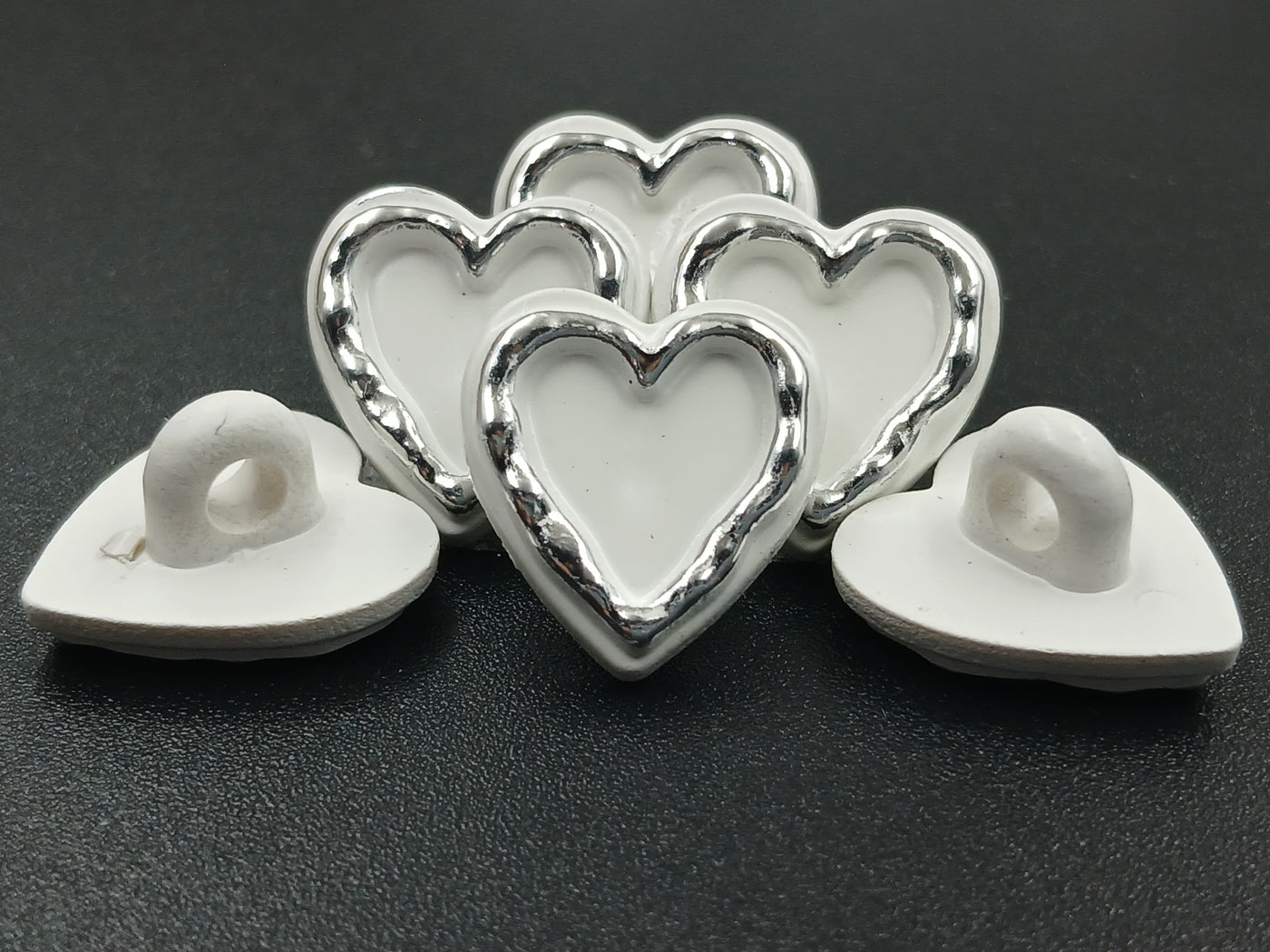White & Silver Heart  Down Hole Polyester Buttons 24L