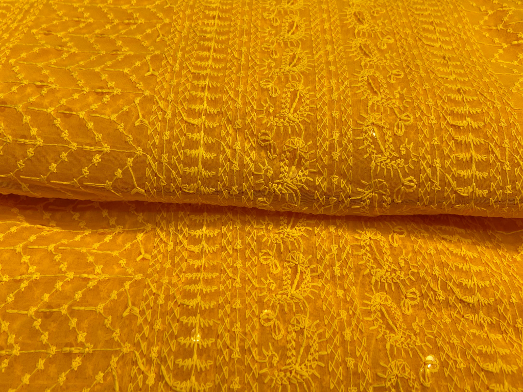 Yellow Marigold Traditional Sparkle Carry Patta Georgette Fabric