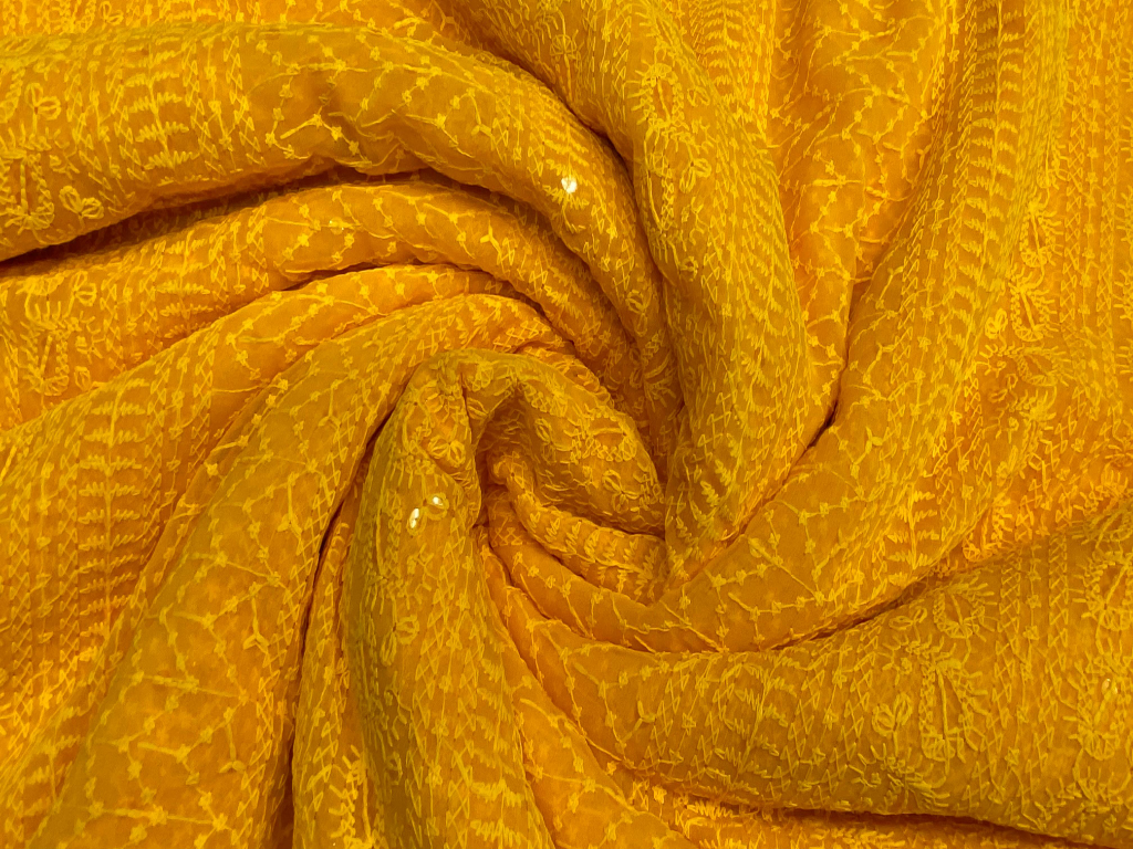 Yellow Marigold Traditional Sparkle Carry Patta Georgette Fabric