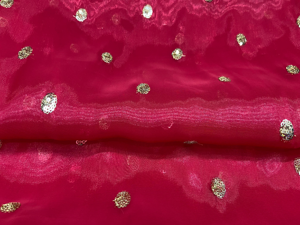 Cherry Red Motifs Embroidered Shimmer Jimyy Work Fabirc