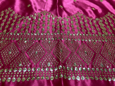 Bright Pink Daman With Zari & Sequins Work Satin Fabric