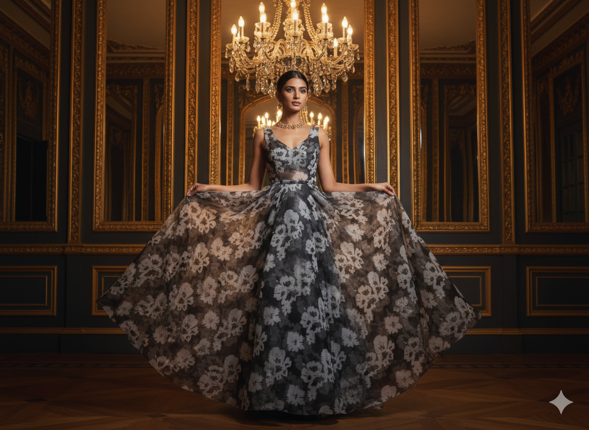 Black Floral Digital Printed Liquid Organza Fabric