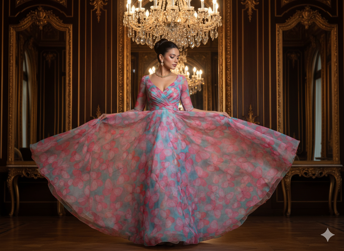 Sky Blue Butterfly Digital Printed Liquid Organza Fabric