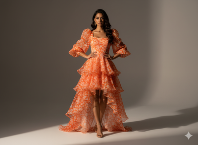 Orange Floral Digital Printed Liquid Organza Fabric