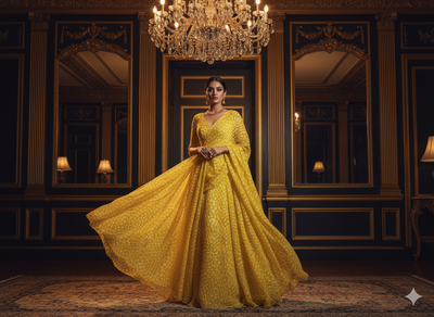 Yellow Abstract Digital Printed Liquid Organza Fabric