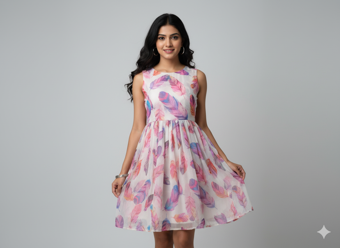 White Leaf Digital Printed Liquid Organza Fabric