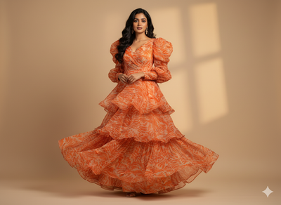 Orange Abstract Digital Printed Liquid Organza Fabric