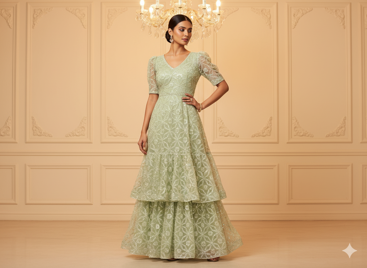 Pastel Green Viscose Georgette With Sequins Embroidered Fabric