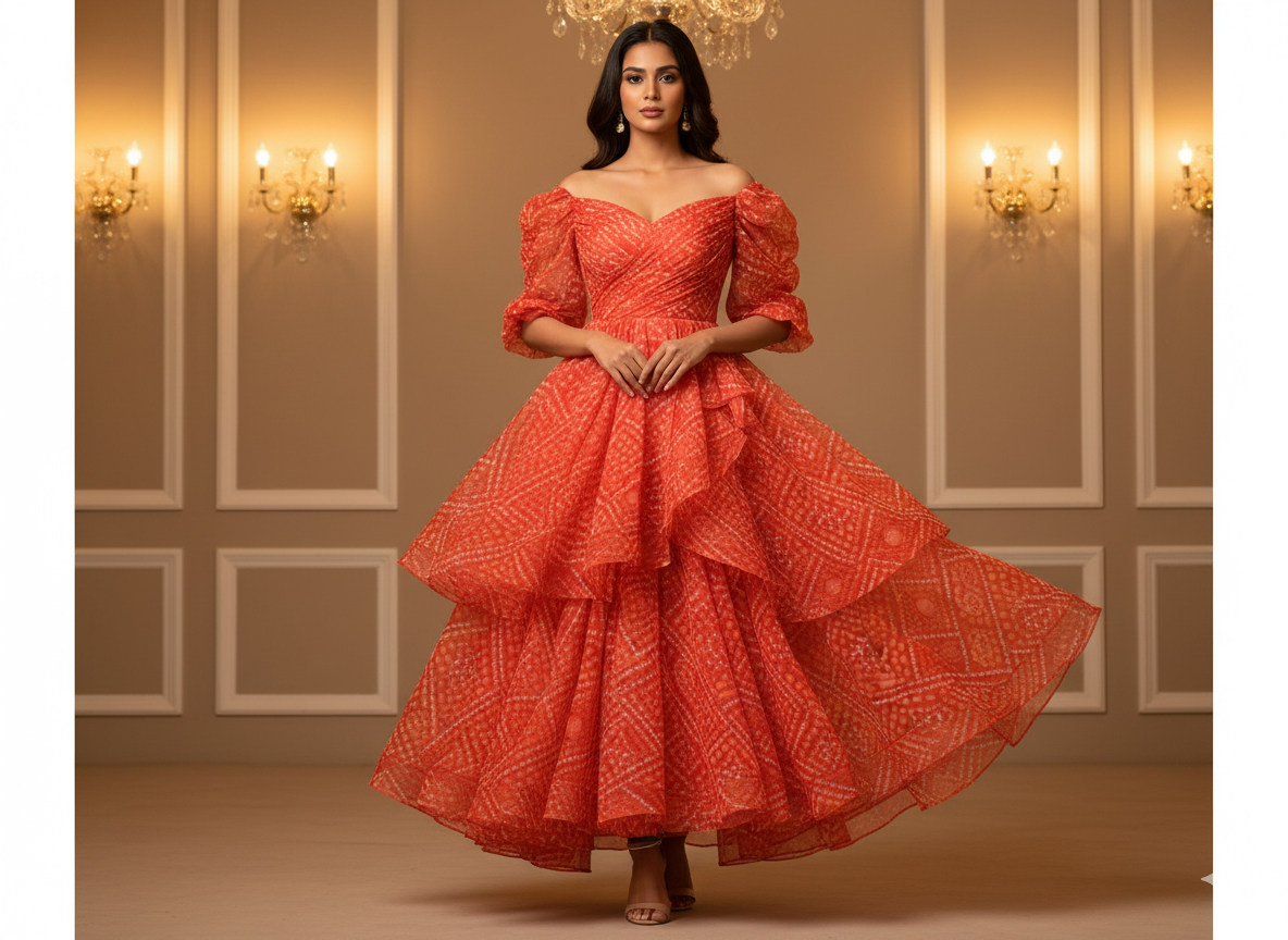 Red Bandhani Digital Printed Liquid Organza Fabric