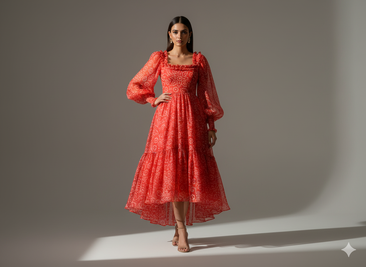Red Blue Bandhani Digital Printed Liquid Organza Fabric