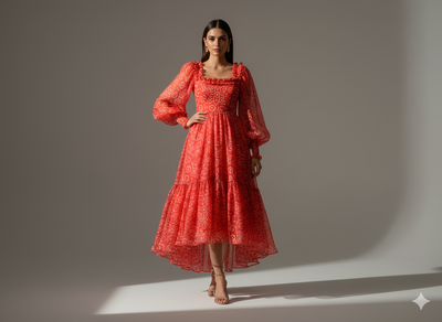 Red Blue Bandhani Digital Printed Liquid Organza Fabric
