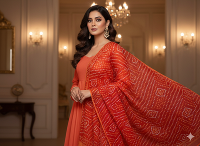 Red Bandhani Digital Printed Liquid Organza Fabric