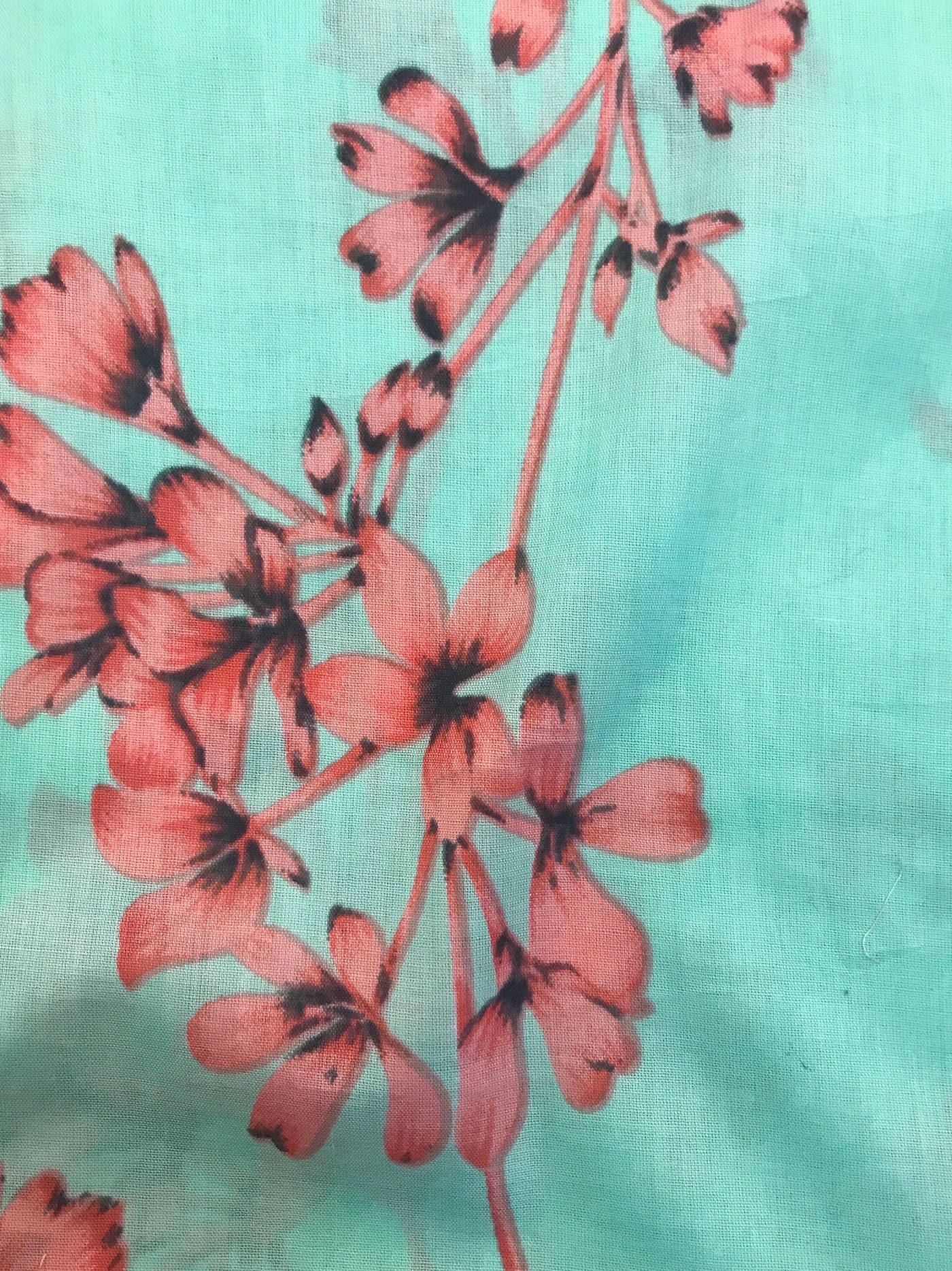 Peach Pink Floral Green Cotton Voile Fabric