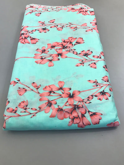 Peach Pink Floral Green Cotton Voile Fabric