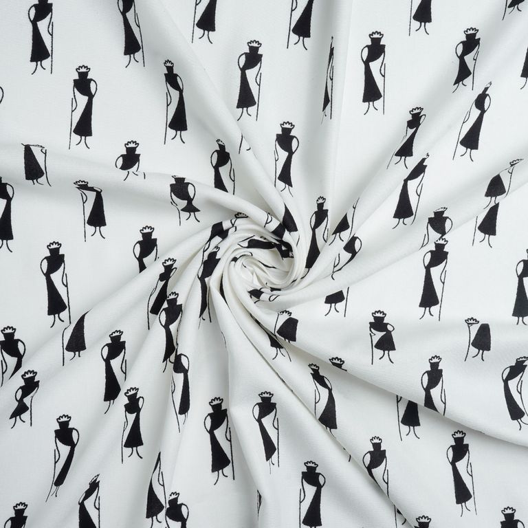 White & Black Quirky Printed Cotton Rayon Fabric