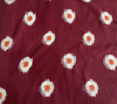 Maroon & White Motifs Handloom Woven Double Ikat Cotton Fabric