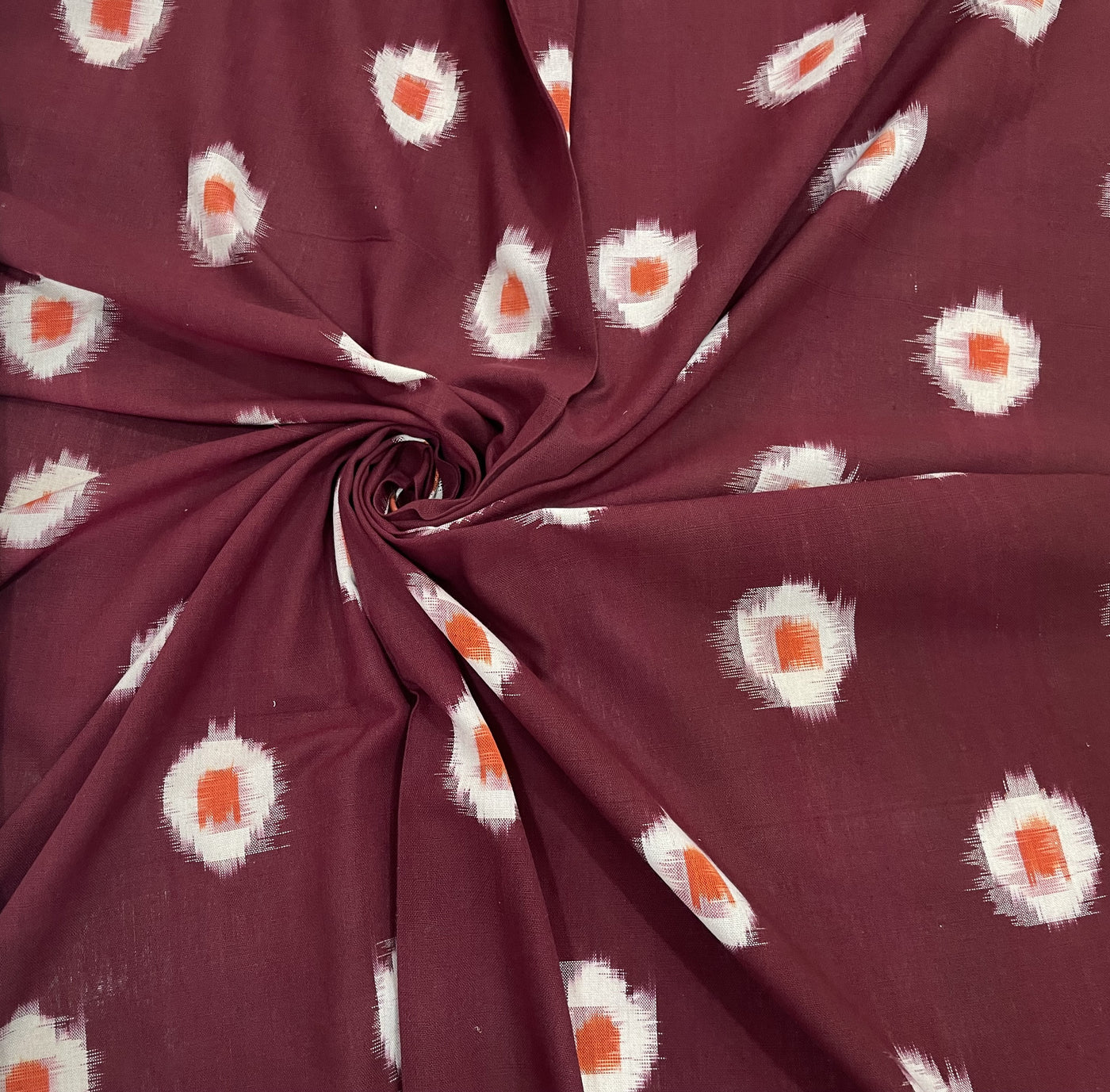 Maroon & White Motifs Handloom Woven Double Ikat Cotton Fabric