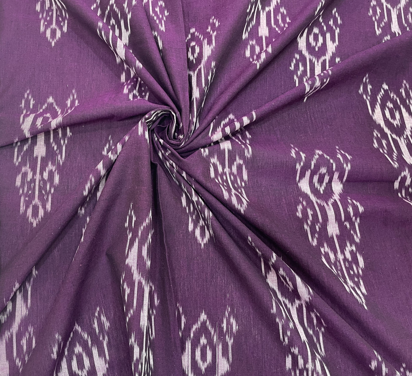 Purple & White Motifs Handloom Woven Ikat Cotton Fabric