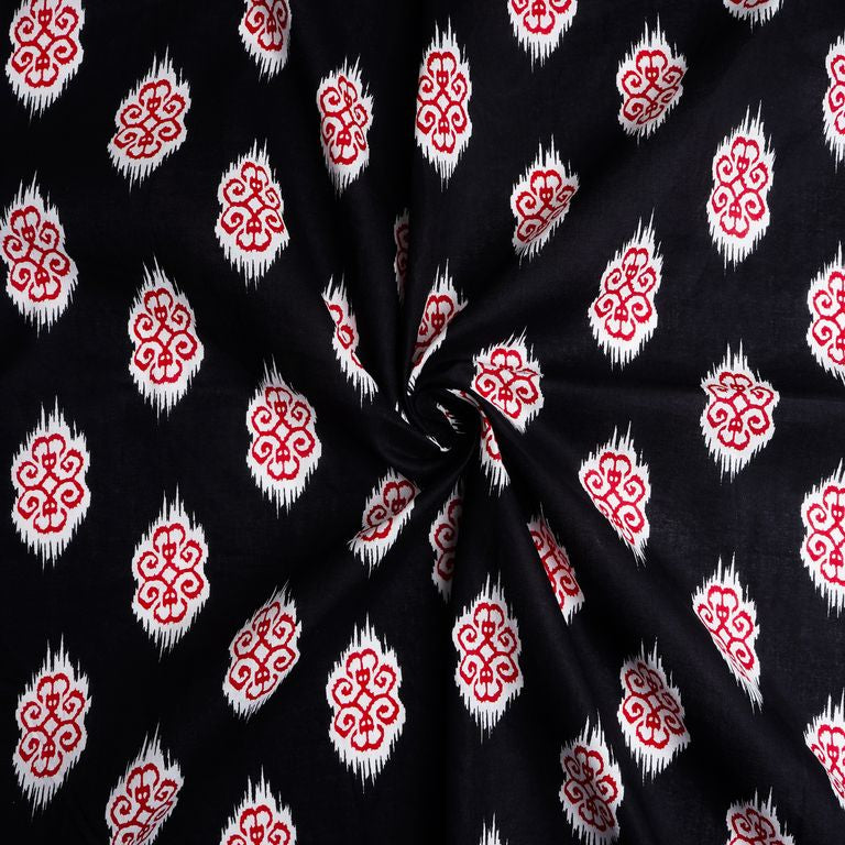 Black & Red Motifs Printed Pure Cotton Fabric