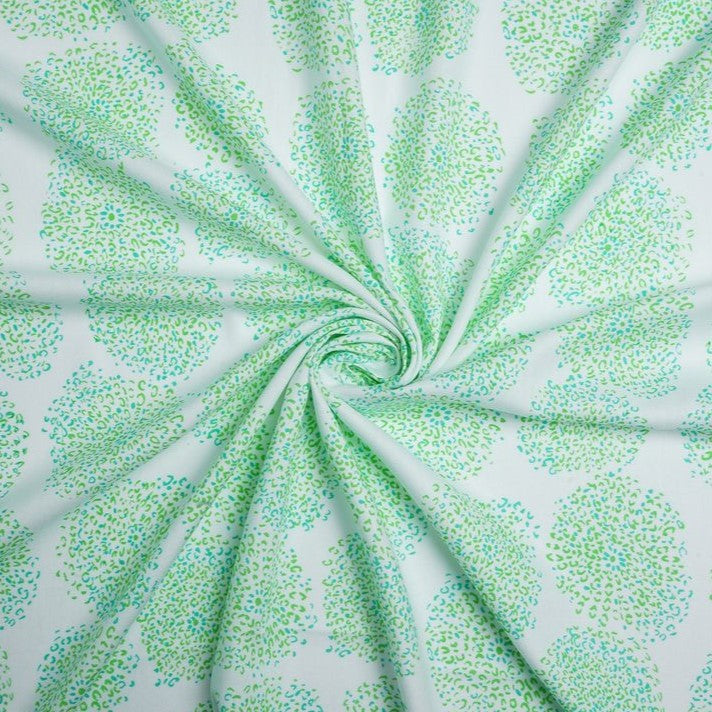 Green & White Motifs Printed Cotton Rayon Fabric