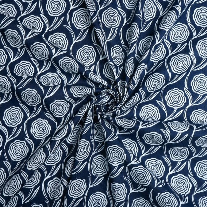 Navy Blue & White Floral Printed Pure Cotton Fabric