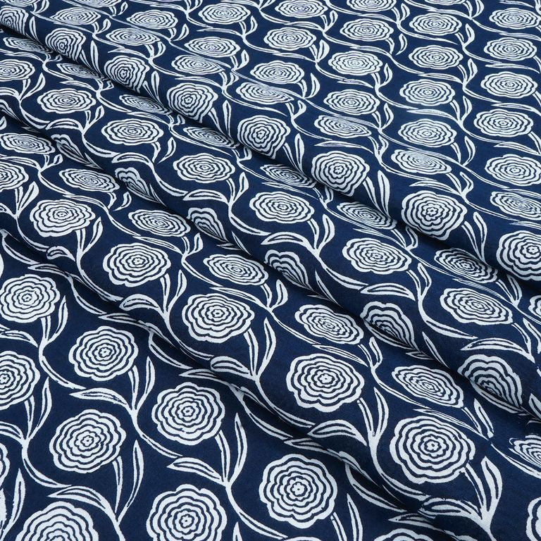 Navy Blue & White Floral Printed Pure Cotton Fabric