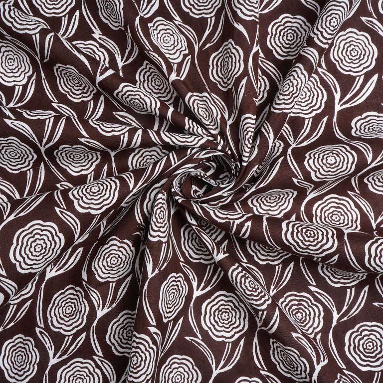 Brown & White Floral Printed Pure Cotton Fabric