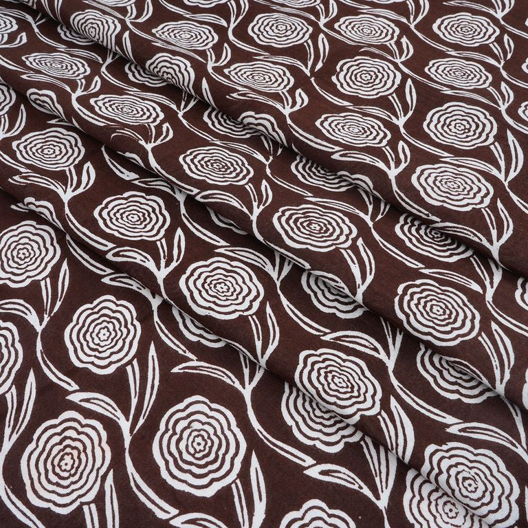 Brown & White Floral Printed Pure Cotton Fabric