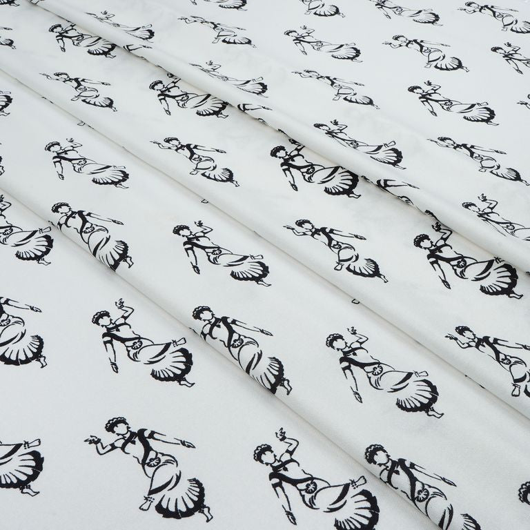 White & Black Quirky Printed Cotton Rayon Fabric