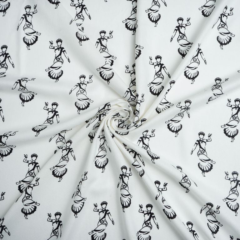 White & Black Quirky Printed Cotton Rayon Fabric