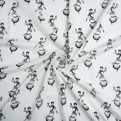 White & Black Quirky Printed Cotton Rayon Fabric